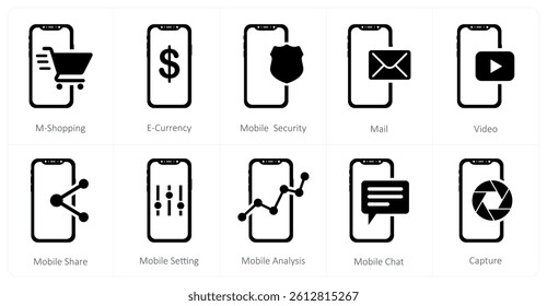 A set of 10 mobile icons as m-shopping, e-currency, mobile security