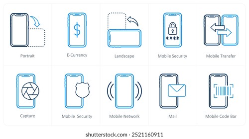 Ein Satz von 10 mobilen Icons als Portrait, E-Währung, Landschaft