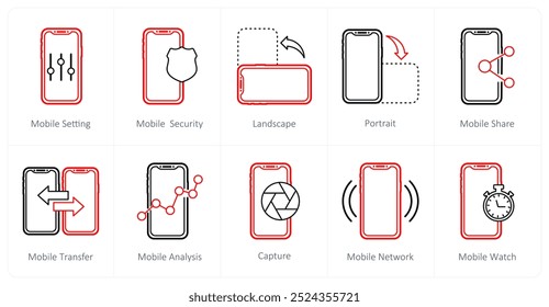 Um conjunto de 10 ícones móveis como configuração móvel, segurança móvel, paisagem