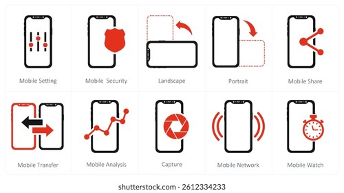 A set of 10 mobile icons as mobile setting, mobile security, landscape