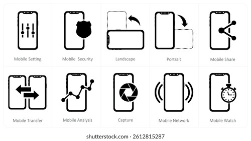 A set of 10 mobile icons as mobile setting, mobile security, landscape