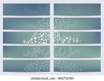 Set of 10 modern scientific banners. Molecule structure of DNA and neurons. Abstract background. Medicine, science, technology, business and website templates. Vector illustration for your design.