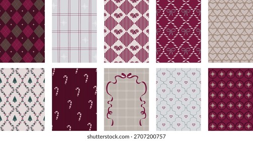 Set of 10 modern vertical Christmas backgrounds in festive red and neutral colors. Includes geometric and decorative designs with bows, hearts, candy canes, stars and holiday elements. 