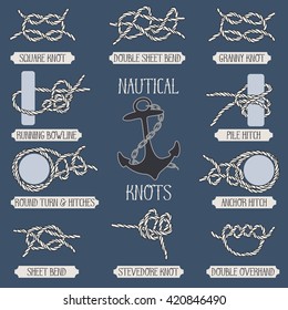 Set of 10 most used nautical rope knots. Basic hand drawn marine cord signs. Illustration for navy design. Vintage elements for posters, prints, decorations or logo.
