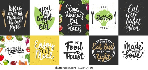 Set of 10 motivational and inspirational healthy lifestyle and eating lettering posters, decoration, prints, t-shirt design. Hand drawn typography. Handwritten lettering. Modern ink brush calligraphy.