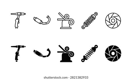 Set of 10 motorcycle fabrication icons featuring TIG welding torch, exhaust pipe, tube bender, coil shock, and brake disc vectors