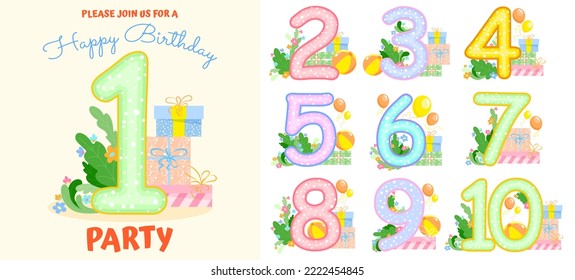 Set of 10 multi-colored templates with decorated numbers, balloons and gift boxes for children's birthday invitation design