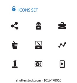 Set of 10 multimedia icons set. Collection of spam, joystick, portfolio and other elements.