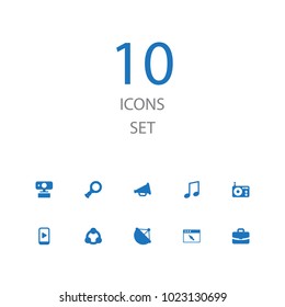 Set of 10 multimedia icons set. Collection of magnifier, multimedia, bullhorn and other elements.