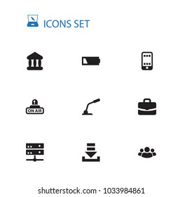 Set of 10 multimedia icons set. Collection of portfolio, server, on air and other elements.