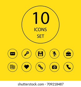 Set Of 10 Multimedia Icons Set.Collection Of Diskette, Hyperlink, Tape And Other Elements.
