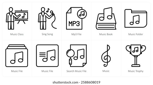 A set of 10 music icons as music class, sing song, mp3 file