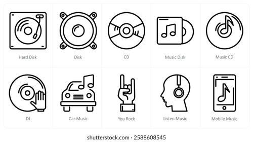 A set of 10 music icons as hard disk, disk, cd