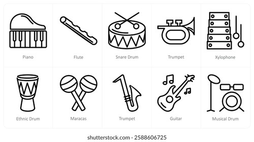 A set of 10 music icons as piano, flute, snare drum