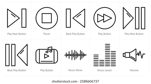 A set of 10 music icons as play next button, pause, back play button