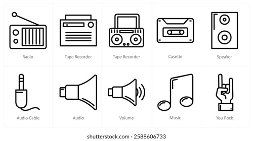 A set of 10 music icons as radio, tape recorder, casette