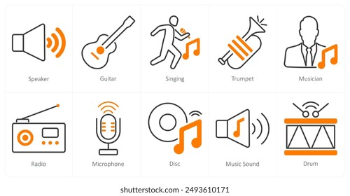 Un conjunto de 10 iconos musicales como altavoz, guitarra, canto