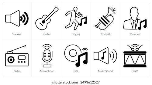 Un conjunto de 10 iconos musicales como altavoz, guitarra, canto