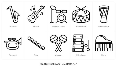 A set of 10 music icons as trumpet, guitar, musical drum