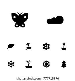 Set Of 10 Natural Icons Set.Collection Of Isle Beach, Solar, Bloom And Other Elements.