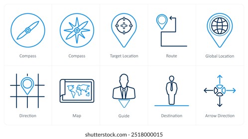 A set of 10 Navigation icons as compass, target location, route