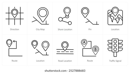 Un conjunto de 10 iconos de navegación como dirección, mapa de la ciudad, compartir ubicación