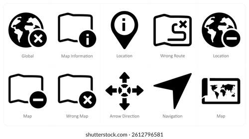 A set of 10 Navigation icons as global, map information, location