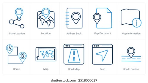 A set of 10 Navigation icons as share location, location, address book