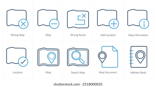 Um conjunto de 10 ícones de navegação como mapa errado, mapa, rota errada