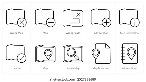 Um conjunto de 10 ícones de navegação como mapa errado, mapa, rota errada