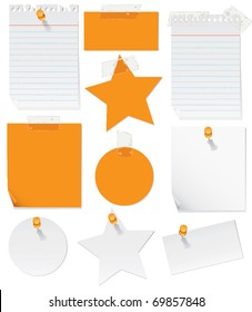 A set of 10 note papers taped and pinned to a wall in an orange theme. Stars, circles, business card shapes, and spiral notebook paper.