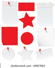 A set of 10 note papers taped and pinned to a wall in a bright red theme. Stars, circles, business card shapes, and spiral notebook paper.