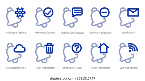 A set of 10 notification icons as notification setting, verify notification, notification message