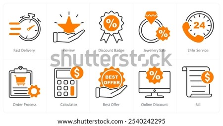 A set of 10 offer icons as fast delivery, review, discount badge