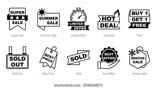 Un conjunto de 10 iconos de la oferta como venta estupenda, venta del verano, oferta limitada