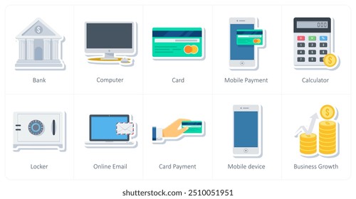 A set of 10 office and business icons as bank, computer, card