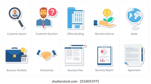 A set of 10 office and business icons as customer search, customer question, office building