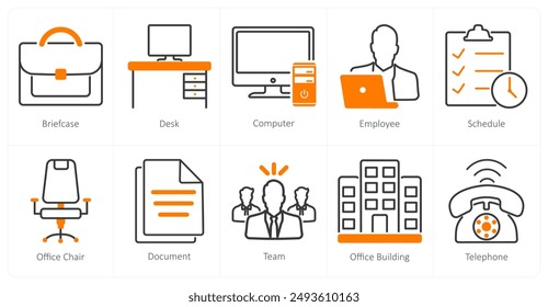Ein Satz von 10 Office-Icons als Aktentasche, Schreibtisch, Computer