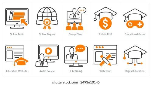 A set of 10 online education icons as online book, online degree, group class