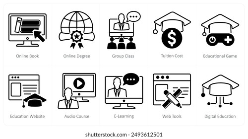 A set of 10 online education icons as online book, online degree, group class