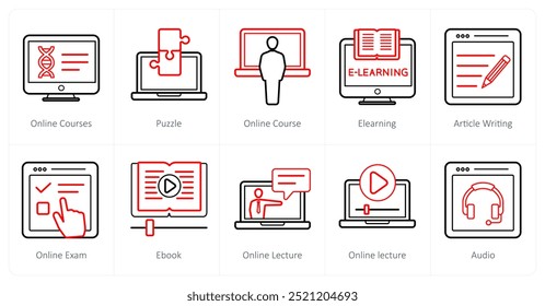 Um conjunto de 10 ícones de educação on-line como aulas on-line, quebra-cabeças, curso on-line