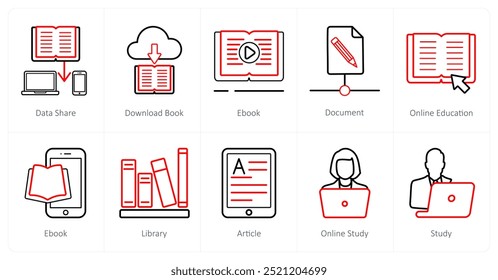 Um conjunto de 10 ícones de educação on-line como data sharem download book, e book