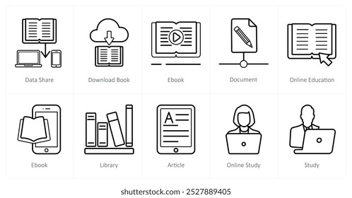 Um conjunto de 10 ícones de educação on-line como data sharem download book, e book