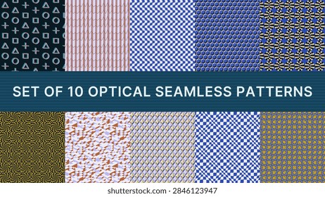 Set of 10 optical seamless patterns in blue tones: anaglyph 3D, pleated fold, tilt illusion and more. Every tile repeats perfectly for backgrounds and textiles.
