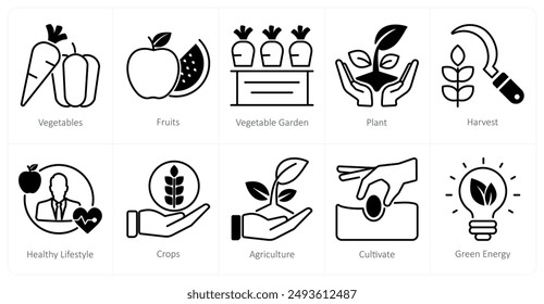 A set of 10 organic farming icons as vegetables, fruits, vegetable garden