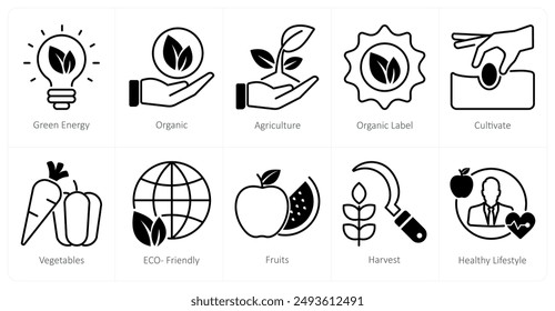 A set of 10 organic farming icons as green energy, organic, agriculture, organic label