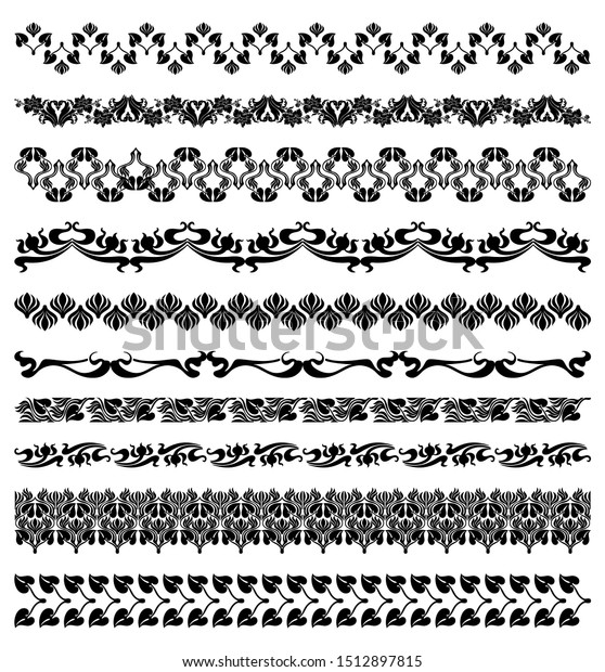 Set of 10 ornate Art Nouveau vintage classic\
ornaments, borders for covers, pages, blanks for certificate or\
diploma. Simple elegant black and white line decor in antique,\
Victorian, modern style