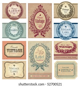 Set of 10 ornate vintage labels, vector illustration. Old fashioned backgrounds with typography. Engraving style ornaments and frames. Retro elements for your design.