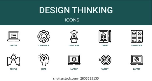 Set of 10 outline Design Thinking icons for reports, landing pages and application screens. Editable stroke icon pack including laptop, light bulb, advantage, people and laptop.