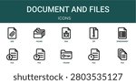 Set of 10 outline Document and Files icons for reports, landing pages and application screens. Editable stroke icon pack including add, folder, spreadsheet, file and file.